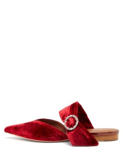 MALONE SOULIERS Maite crystal-buckle red velvet mules ~ luxury point toe flats - flipped
