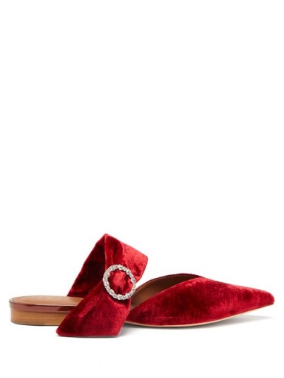 MALONE SOULIERS Maite crystal-buckle red velvet mules ~ luxury point toe flats