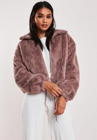 Missguided mauve cropped faux fur bomber jacket - flipped