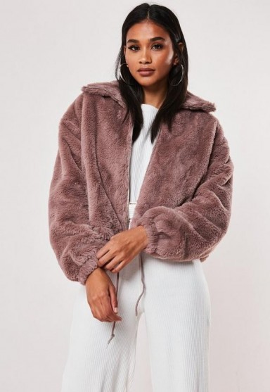 Missguided mauve cropped faux fur bomber jacket