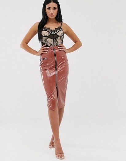 Missguided vinyl midi skirt with zip front in tan | shiny pencil skirts with front slit - flipped