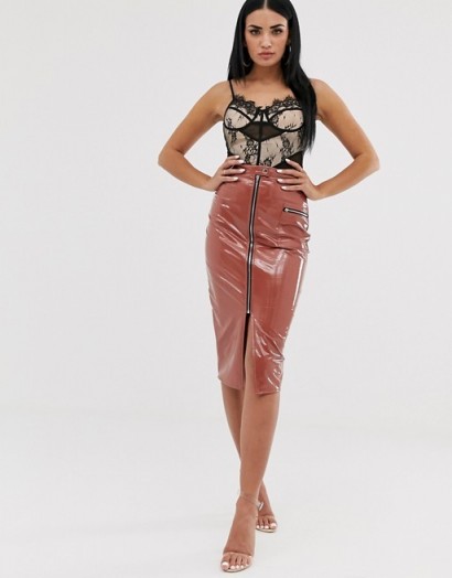 Missguided vinyl midi skirt with zip front in tan | shiny pencil skirts with front slit