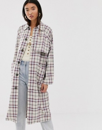 Monki check lightweight coat in beige and pink - flipped