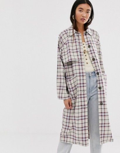 Monki check lightweight coat in beige and pink