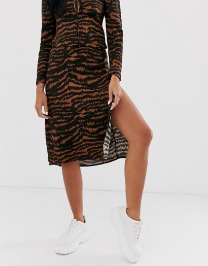 Motel midi skirt with thigh split in animal print in tiger