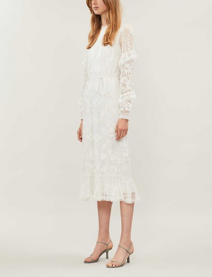 NEEDLE AND THREAD Ellie embroidered tulle and lace midi dress in ivory