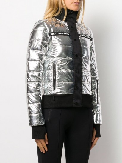 PACO RABANNE printed logo puffer jacket in silver / padded metallic jackets