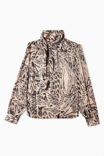 TOPSHOP Paisley Pussybow Blouse in Nude - flipped