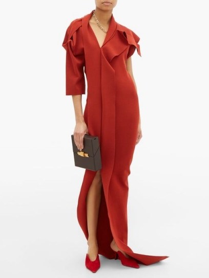 RICK OWENS Patti asymmetric cut-out knitted maxi dress in rusty-red ~ contemporary event gown - flipped