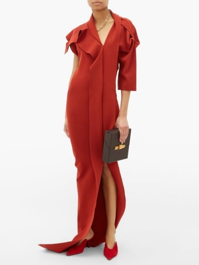 RICK OWENS Patti asymmetric cut-out knitted maxi dress in rusty-red ~ contemporary event gown