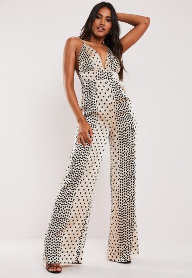MISSGUIDED petite champagne polka dot satin wide leg jumpsuit ~ strappy plunge front jumpsuits - flipped