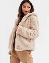 Pimkie faux fur hooded jacket in beige ~ neutral fluffy jackets