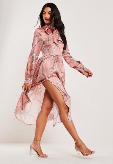 MISSGUIDED pink pussybow chain print midi dress ~ printed neck tie dresses - flipped