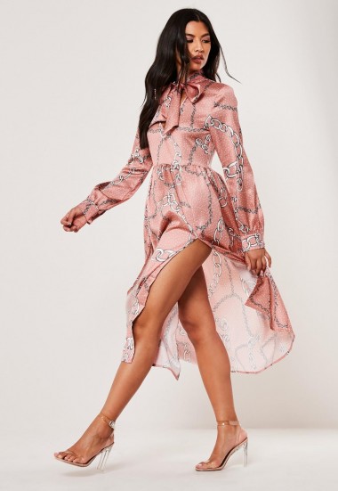 MISSGUIDED pink pussybow chain print midi dress ~ printed neck tie dresses