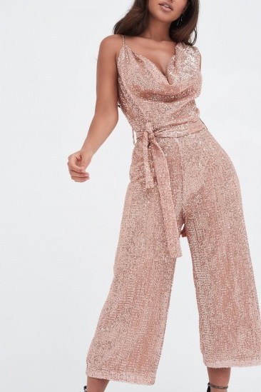 Lavish Alice pleated sequin cowl neck culotte jumpsuit in pink - flipped