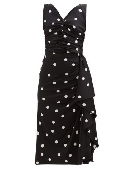 DOLCE & GABBANA Black and white polka-dot ruched silk-blend midi dress ~ Italian lbd - flipped