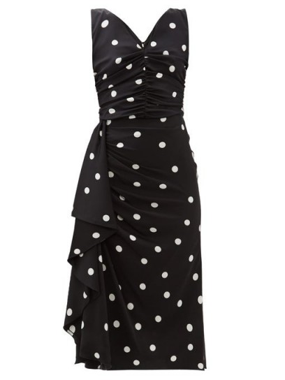 DOLCE & GABBANA Black and white polka-dot ruched silk-blend midi dress ~ Italian lbd