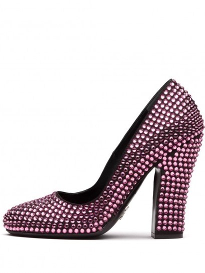 PRADA Pink crystal embellished pumps / high block heel / round toe court shoes - flipped