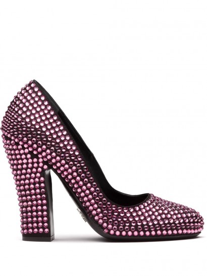 PRADA Pink crystal embellished pumps / high block heel / round toe court shoes