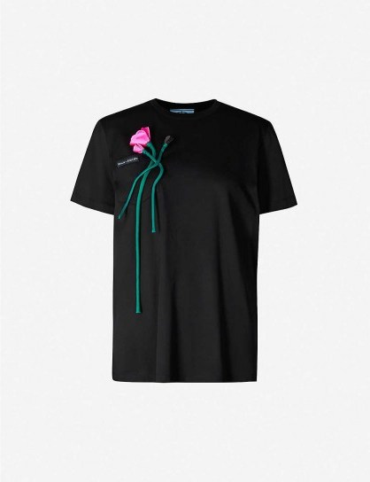 PRADA Floral-appliquéd cotton-blend T-shirt in black & pink / designer tee - flipped