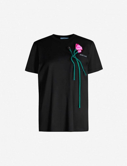 PRADA Floral-appliquéd cotton-blend T-shirt in black & pink / designer tee