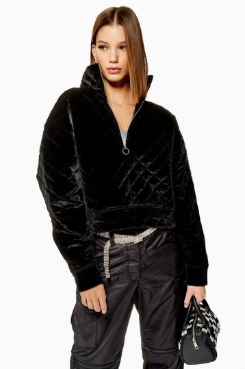Topshop Quilted Velour Zip Through Sweat in Black - flipped