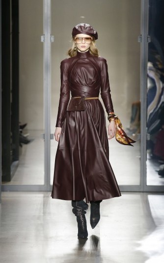 Zimmermann Resistance Pleated Leather Dress in Burgundy ~ luxury fit and flare - flipped