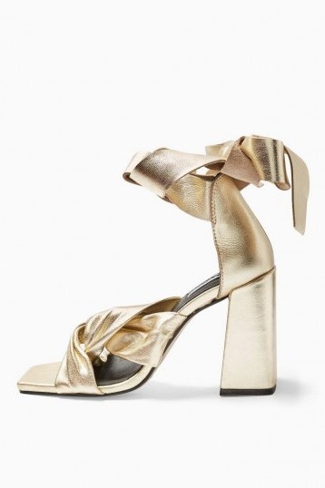 Topshop REVOLVE Leather Gold High Sandals | strappy metallic block heels - flipped