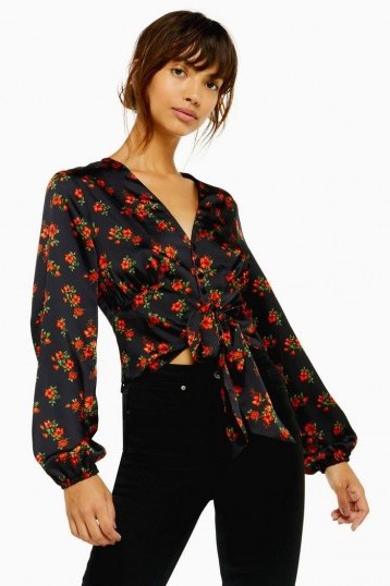 TOPSHOP Rose Floral Print Tie Front Blouse in Black - flipped