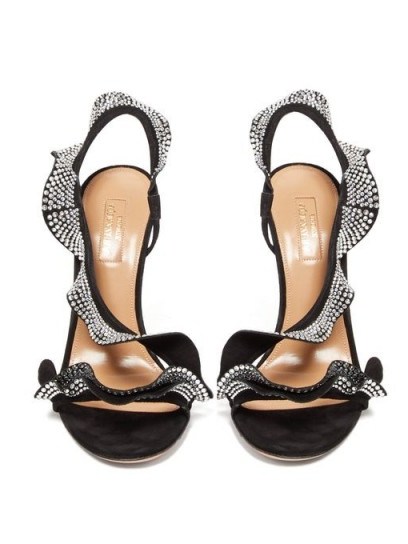 AQUAZZURA Ruffle 105 crystal-embellished black-suede sandals ~ glamorous event shoes - flipped