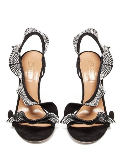 AQUAZZURA Ruffle 105 crystal-embellished black-suede sandals ~ glamorous event shoes