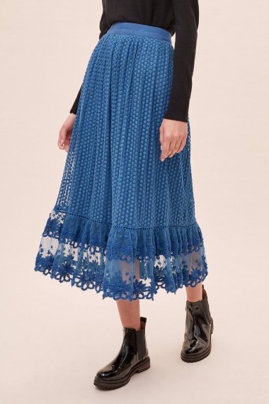 Bl-nk Rumi Mesh-Overlay Maxi Skirt in Blue | floral embroidered hemline - flipped