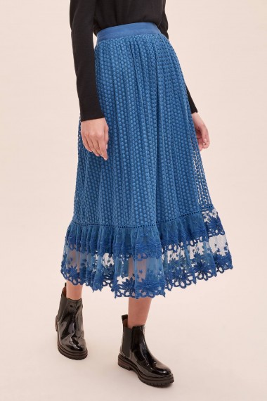 Bl-nk Rumi Mesh-Overlay Maxi Skirt in Blue | floral embroidered hemline