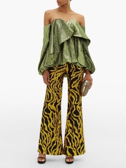 HALPERN Sequinned-vine flared trousers ~ black and gold-sequin flares - flipped