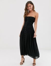 Skylar Rose strapless maxi dress with shirring and button front in black | ruched bandeau dresses