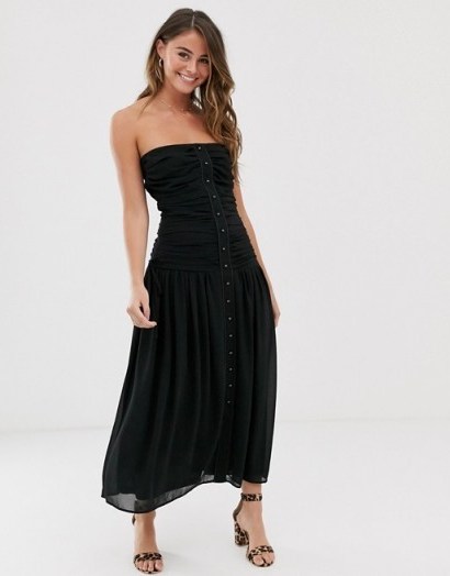 Skylar Rose strapless maxi dress with shirring and button front in black | ruched bandeau dresses - flipped