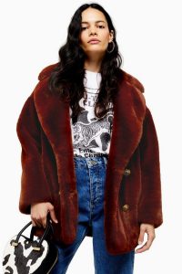 Topshop Soft Faux Fur Double Breasted Coat Tobacco | brown coats for fall / winter