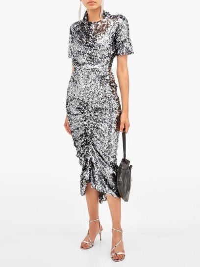 PREEN BY THORNTON BREGAZZI Sophia sequinned ruched-front midi dress in silver | glamorous party dresses - flipped