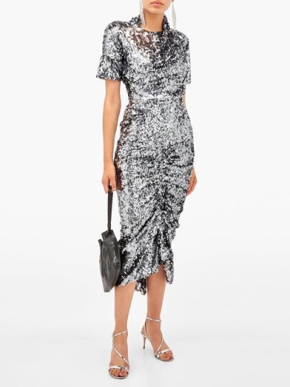 PREEN BY THORNTON BREGAZZI Sophia sequinned ruched-front midi dress in silver | glamorous party dresses