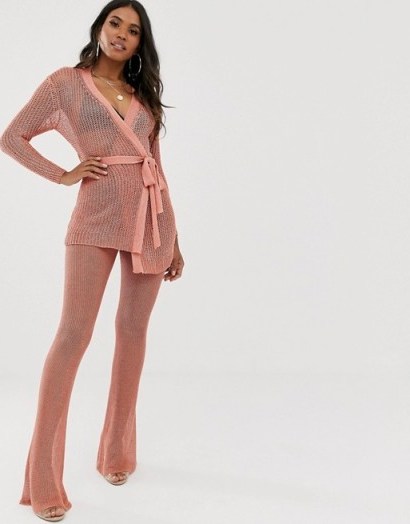 Sorelle UK knitted shimmer tie front longline cardi and wide leg trouser co-ord in pink | trousers and cardigan set - flipped