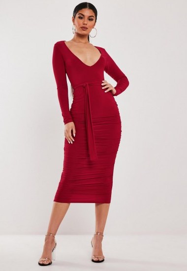 stassie x missguided red slinky belted plunge midi dress - flipped