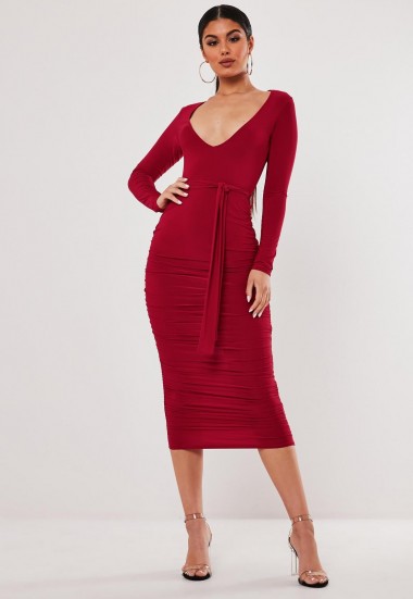 stassie x missguided red slinky belted plunge midi dress