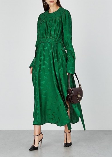 STELLA MCCARTNEY Green horse-jacquard satin maxi dress ~ feminine curved hem dresses - flipped