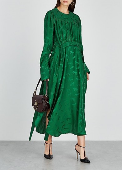 STELLA MCCARTNEY Green horse-jacquard satin maxi dress ~ feminine curved hem dresses