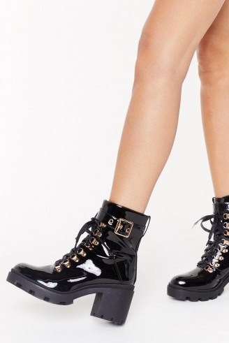 NASTY GAL Unde-cleated Champ Lace-Up Hiker Boots in Black ~ high-shine chunky boot - flipped