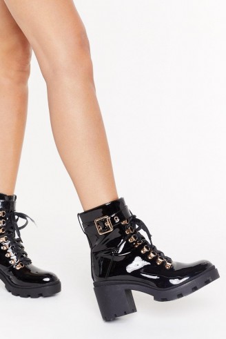 NASTY GAL Unde-cleated Champ Lace-Up Hiker Boots in Black ~ high-shine chunky boot