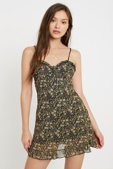 UO Aurelie Yellow Ditsy Floral Mesh Mini Dress / frill trimmed skinny strap dresses