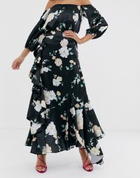We Are Kindred Clover ruffle floral midaxi skirt in black camellia