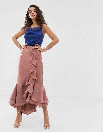 We Are Kindred Frenchie bias cut ruffle midi skirt in blush - flipped