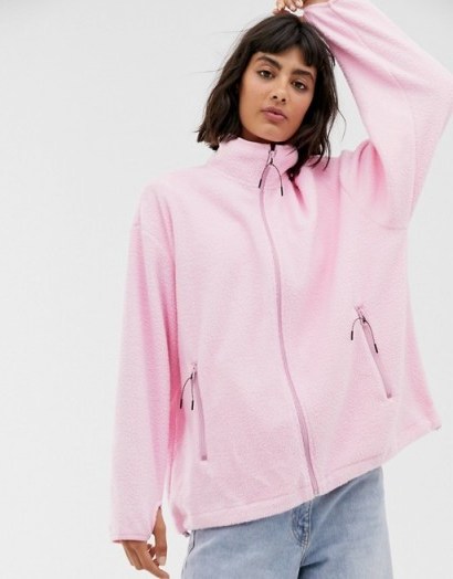 Weekday micro fleece jacket in bubble pink ~ relaxed fit funnel neck fleeces - flipped